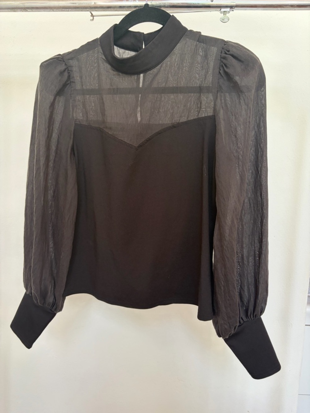 Black Sheer Yoke Puff-Sleeve Blouse